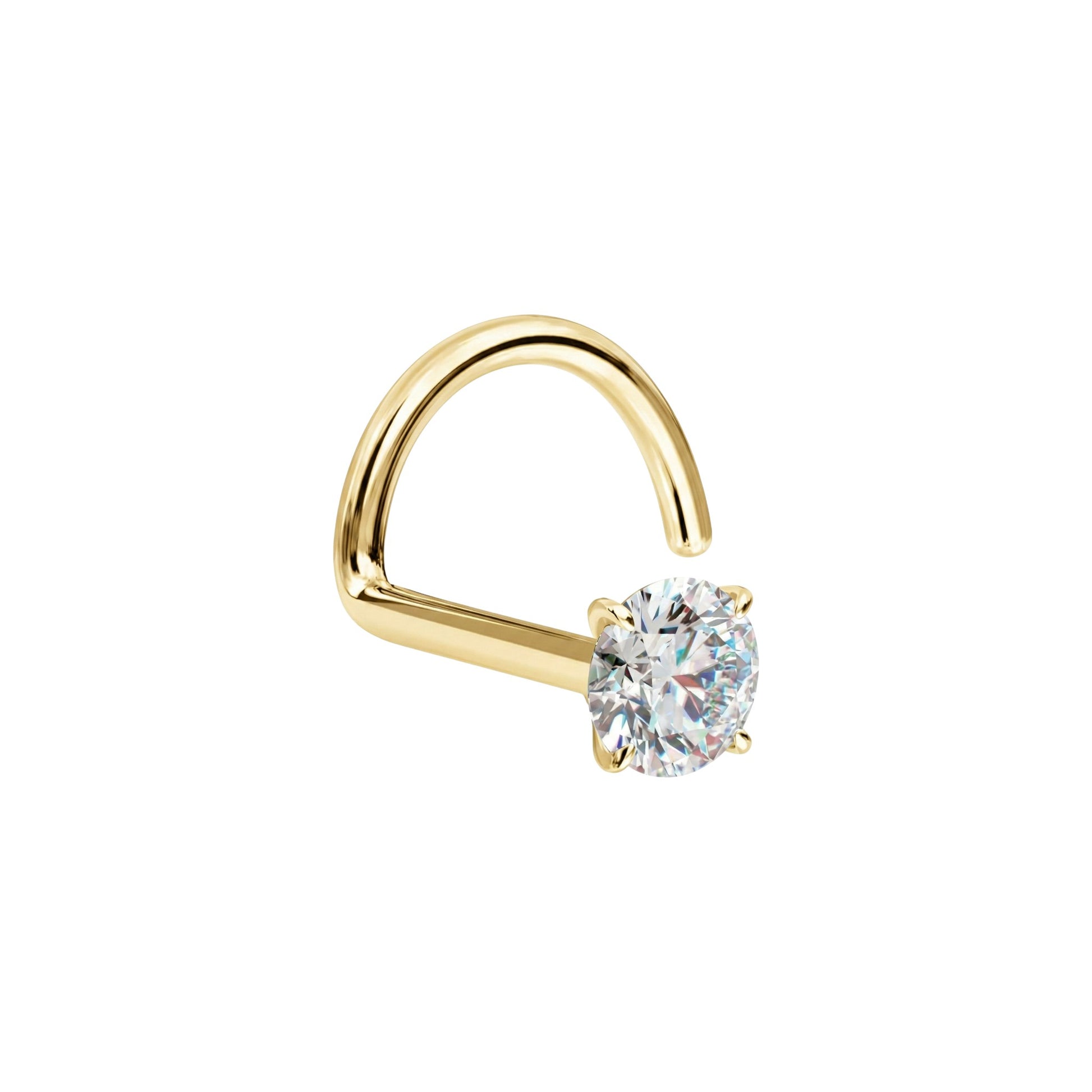 Gold nose ring with a clear gemstone on a white background