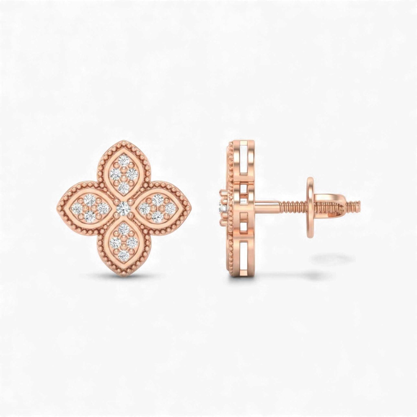 Rose gold clover-shaped earrings on a white background
