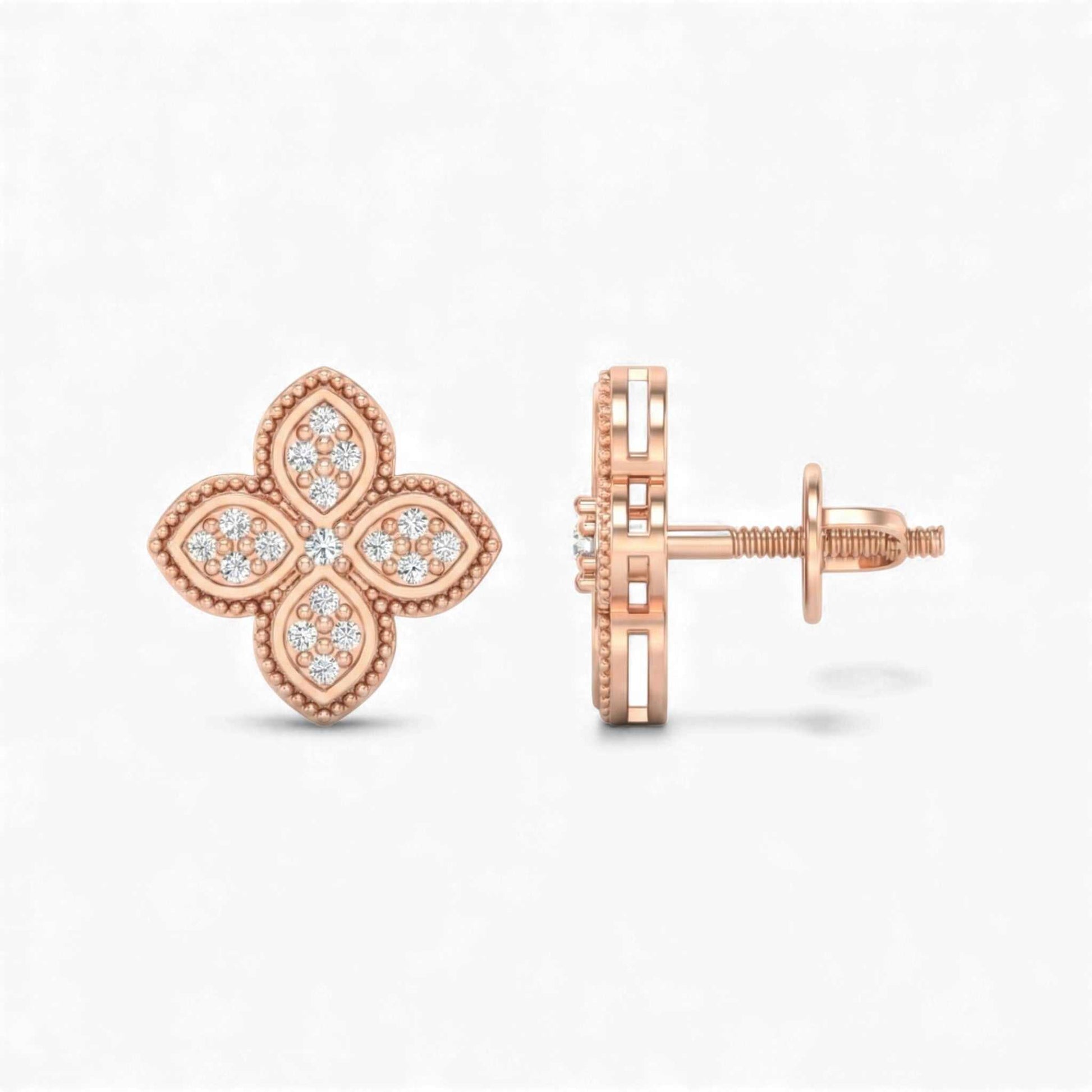 Rose gold clover-shaped earrings on a white background