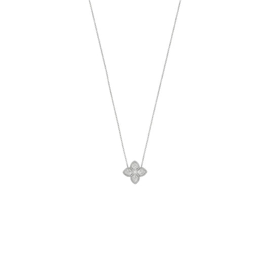 Silver necklace with a butterfly-shaped pendant on a white background