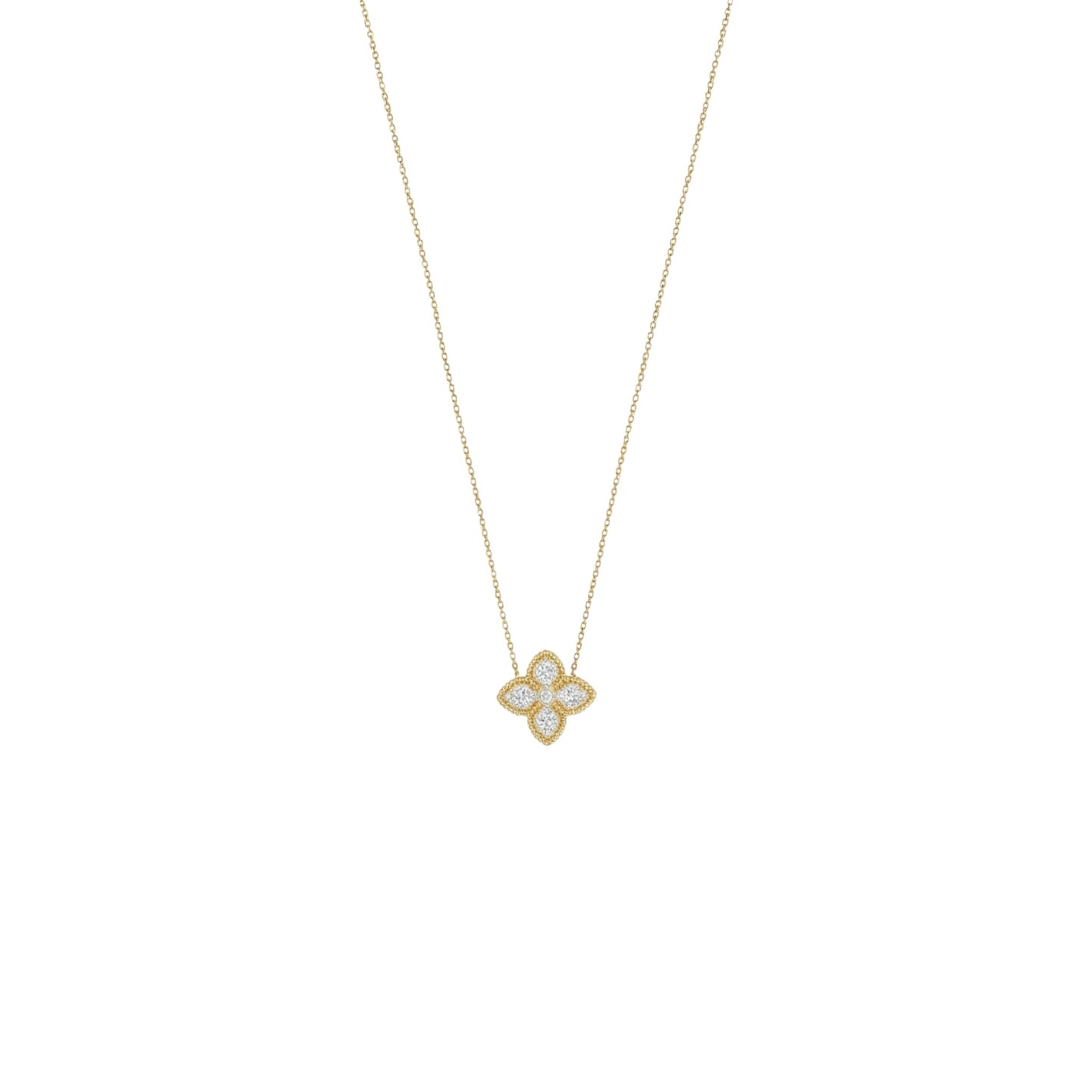 Gold necklace with a clover-shaped pendant on a white background