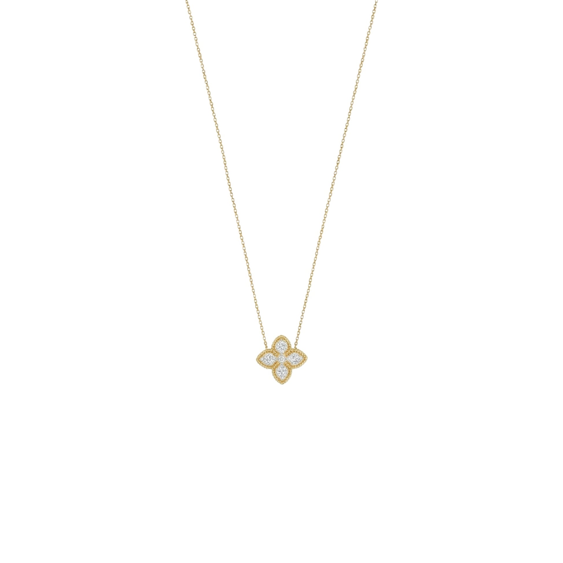 Gold necklace with a clover-shaped pendant on a white background