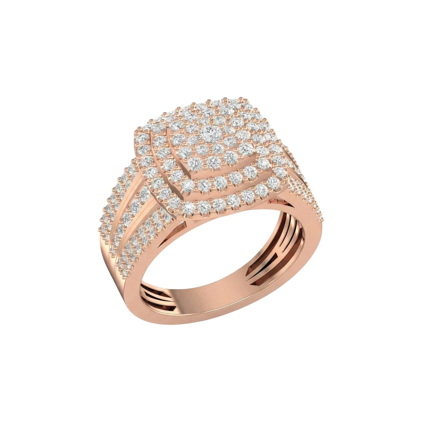 Rose gold ring with diamond accents on a white background