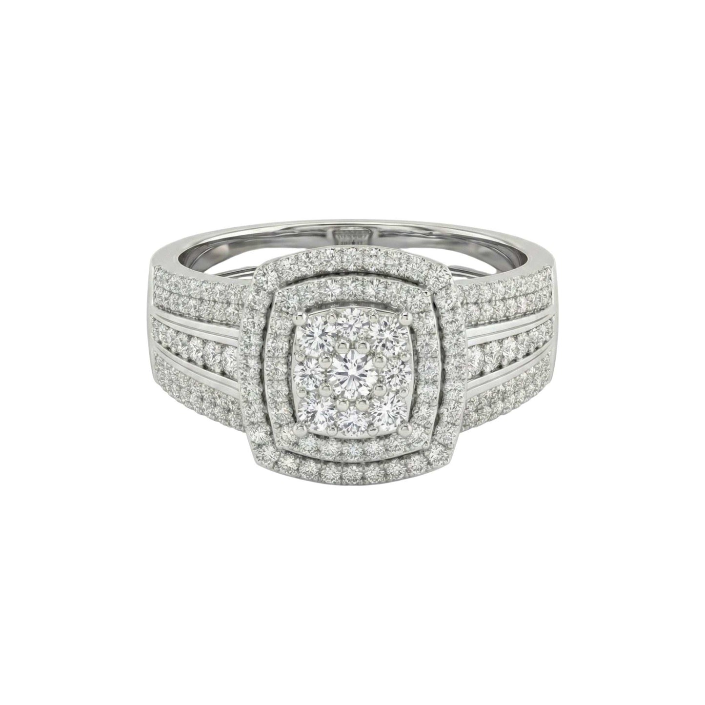 Diamond ring with a white gold band on a white background