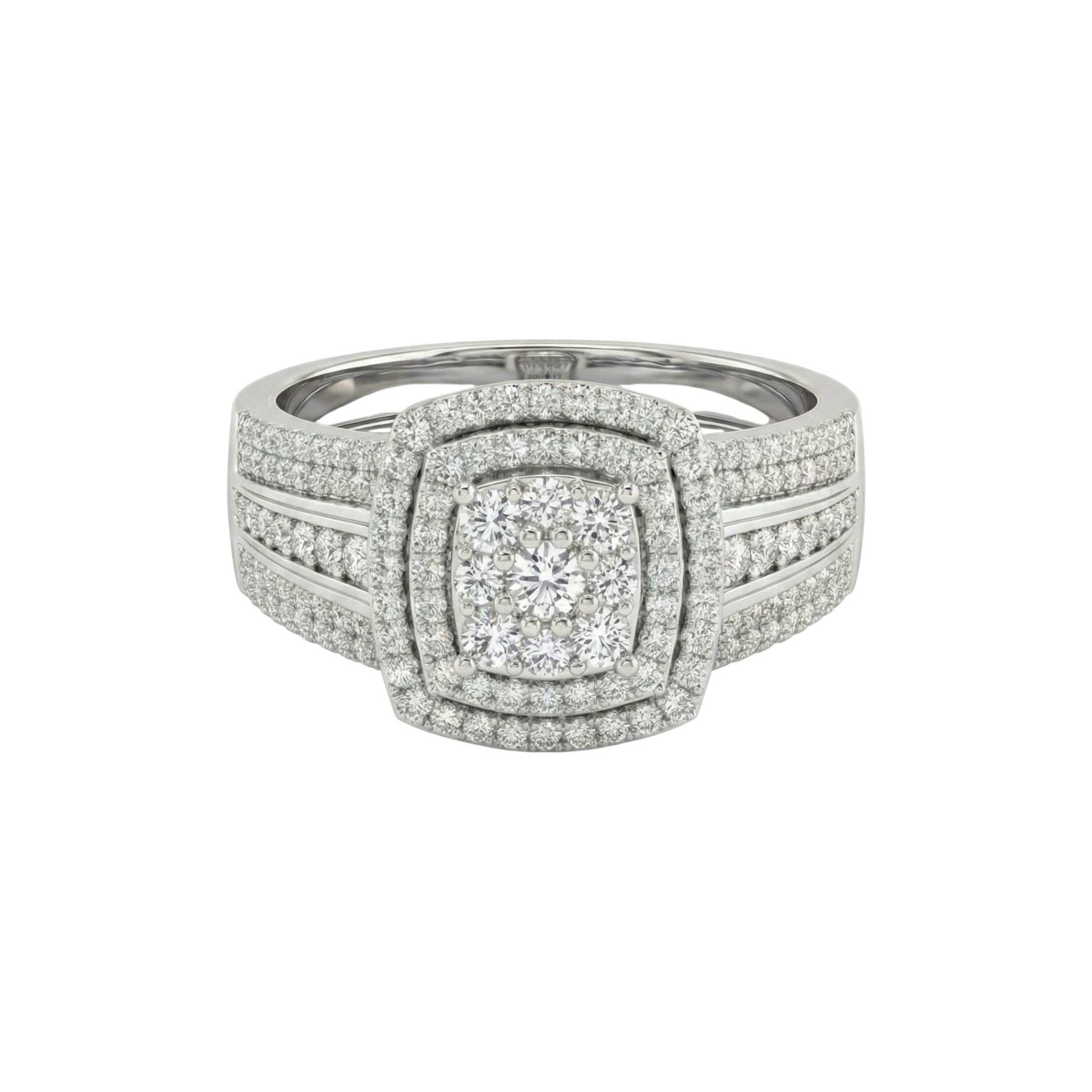 Diamond ring with a white gold band on a white background