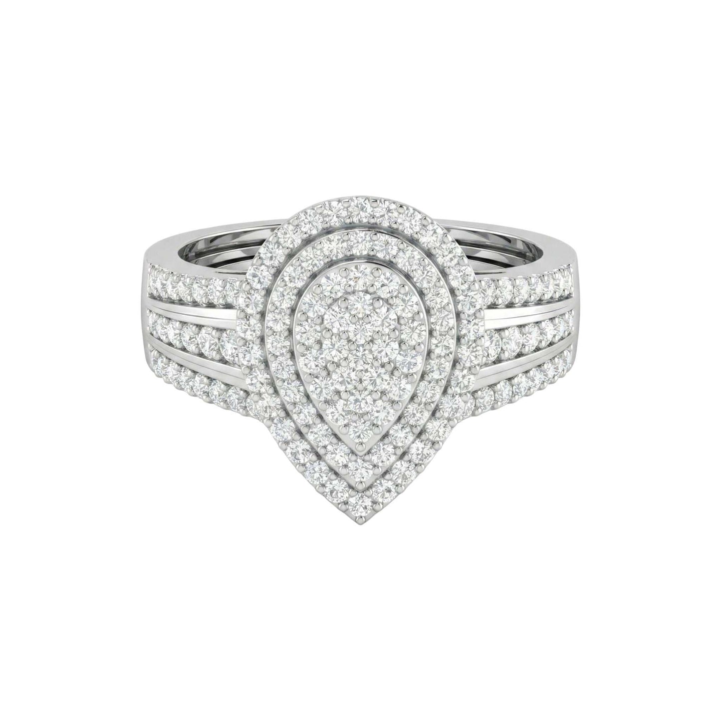 Silver ring with diamond accents on a white background