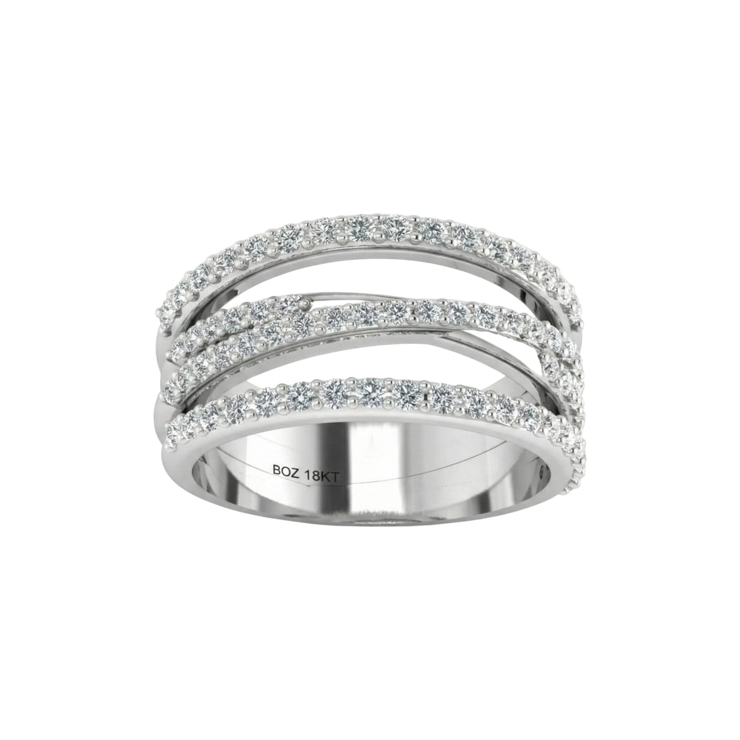 Silver ring with embedded stones on a white background