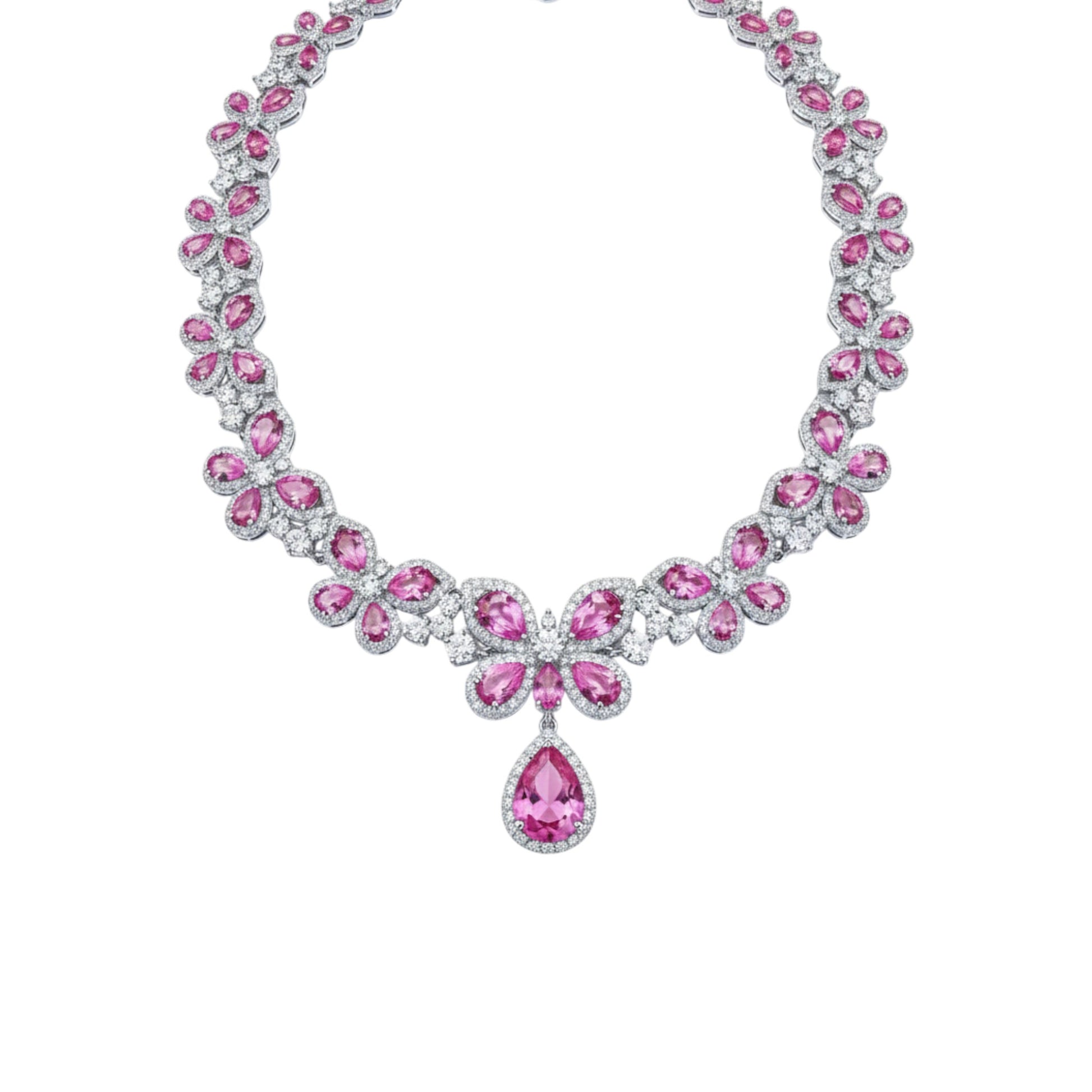 Necklace with pink gemstones on a white background