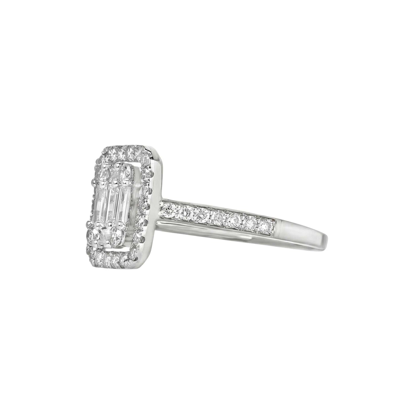 Silver ring with diamond accents on a white background