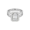 Diamond ring with emerald-cut center stone on a white background