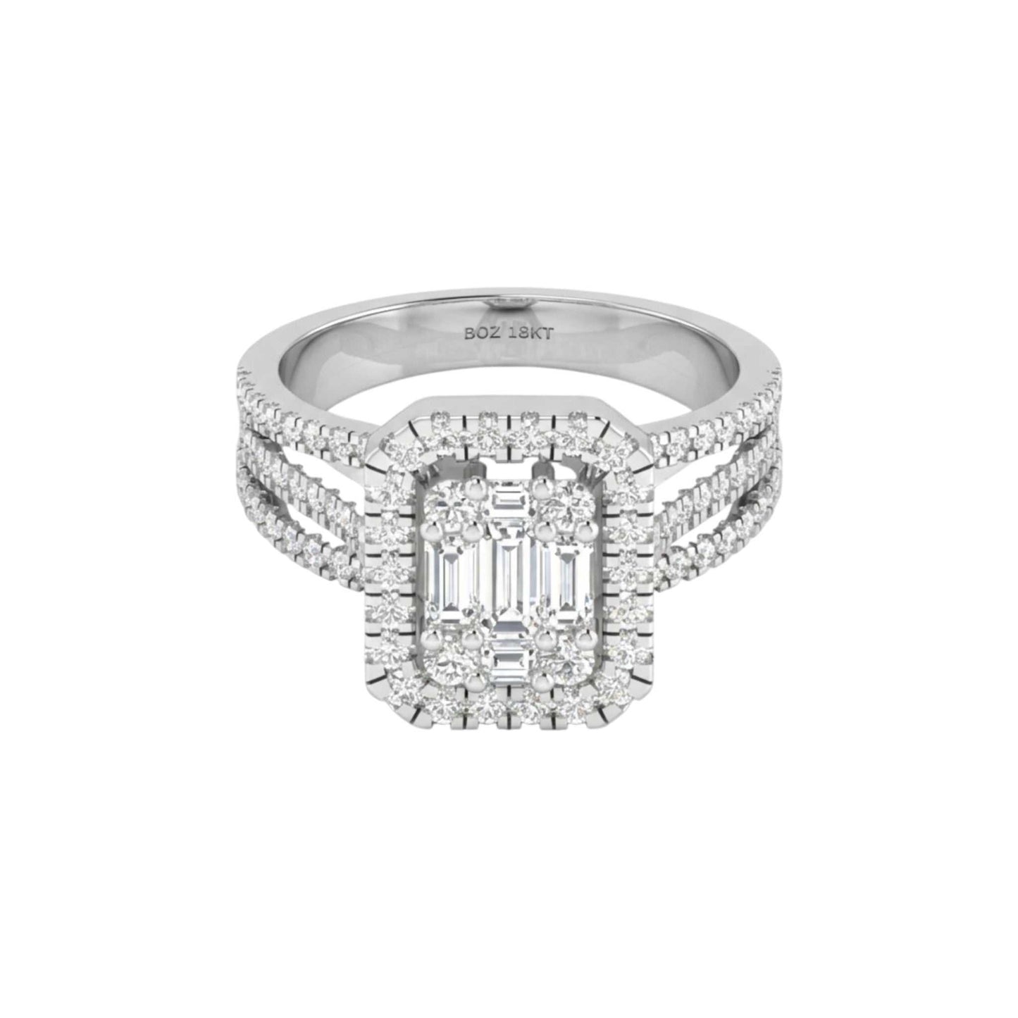 Diamond ring with emerald-cut center stone on a white background