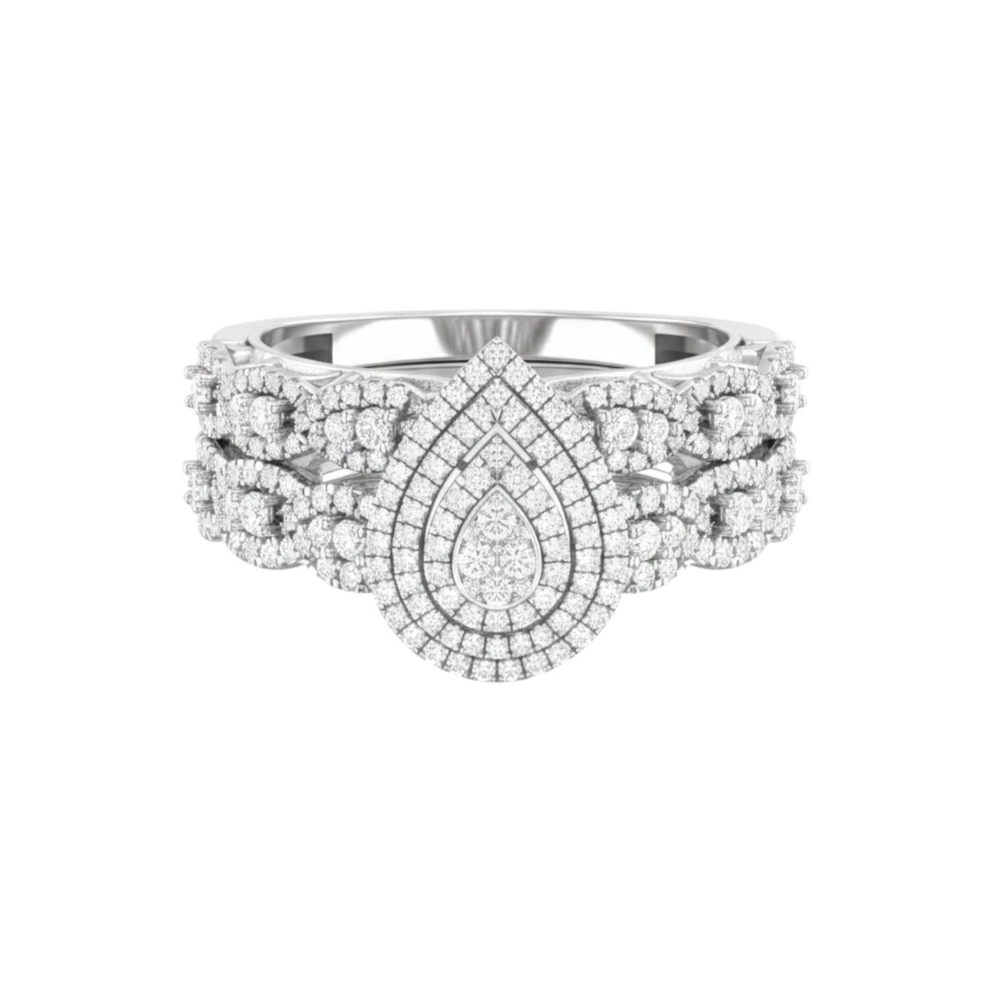 Diamond ring with a pear-shaped center stone on a white background
