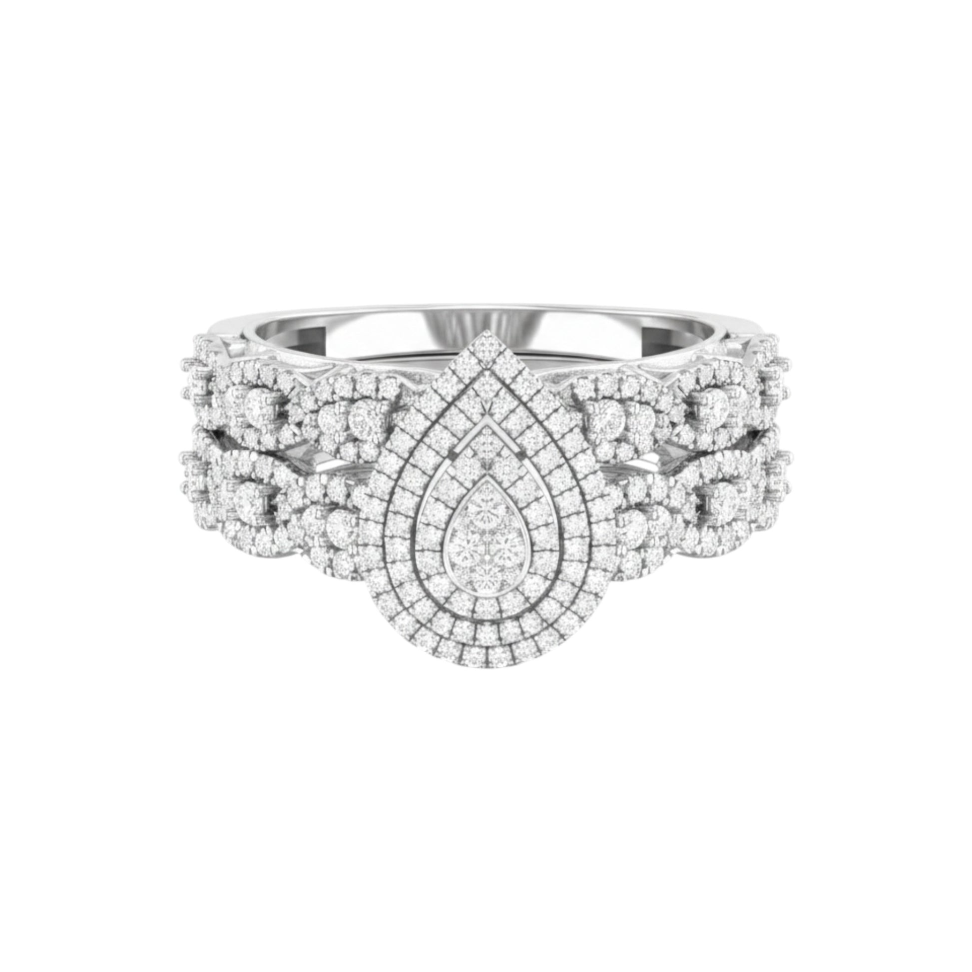 Diamond ring with a pear-shaped center stone on a white background