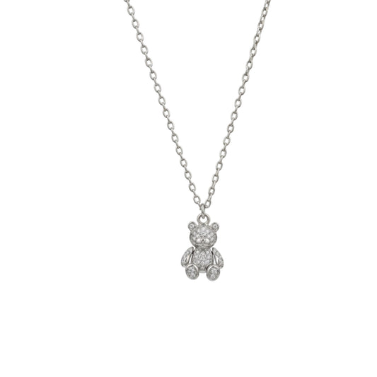 Silver teddy bear pendant necklace on a white background