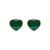 Heart-shaped green earrings with gold accents on a white background