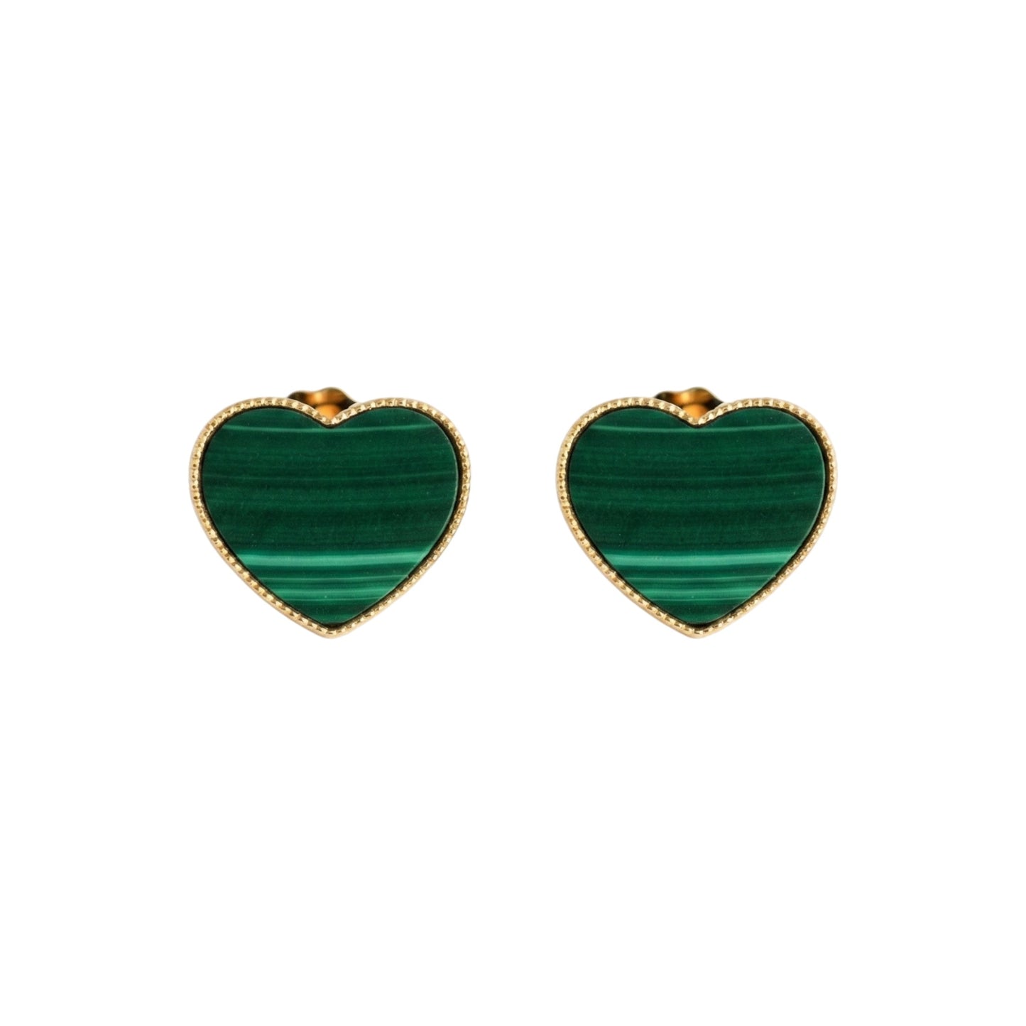 Heart-shaped green earrings with gold accents on a white background