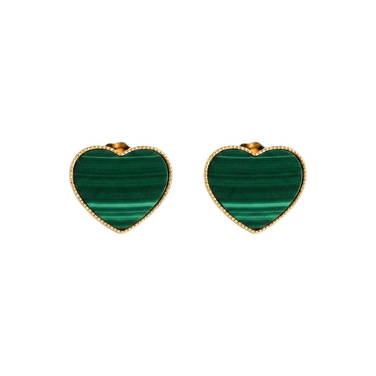 Heart-shaped green earrings with gold accents on a white background