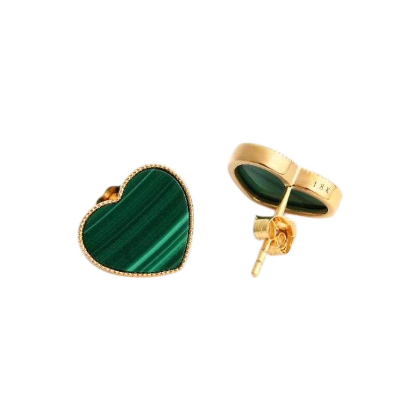 Heart-shaped green malachite earrings with gold posts on a white background