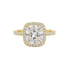 Tia Cushion Cut engagement ring with cushion-cut moissanite center, natural diamond halo, and 18KT gold pavé band