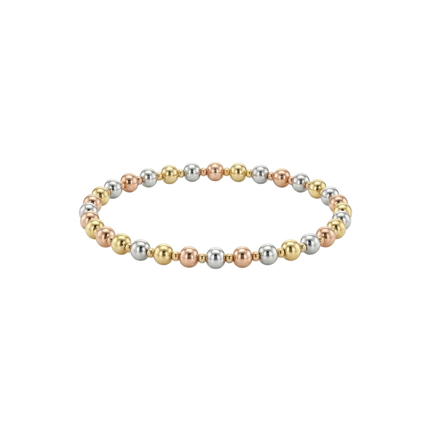 Bracelet with gold, silver, and rose gold beads on a white background