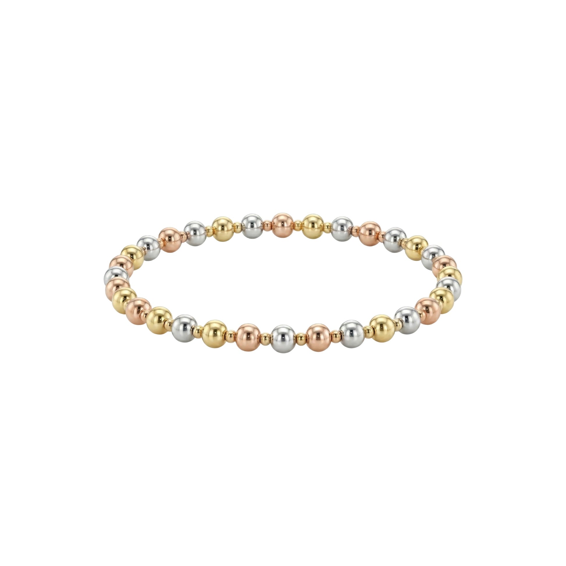 Bracelet with gold, silver, and rose gold beads on a white background