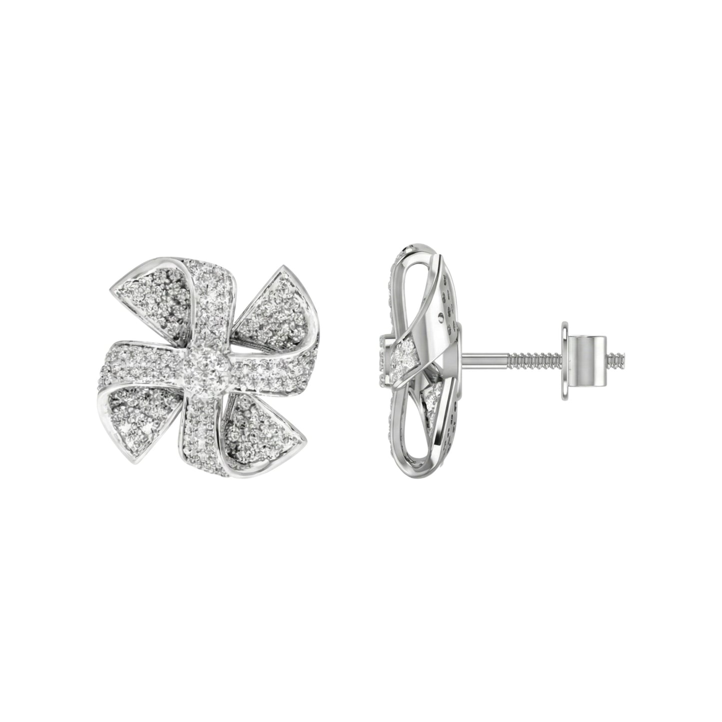 Silver earrings with a bow design on a white background