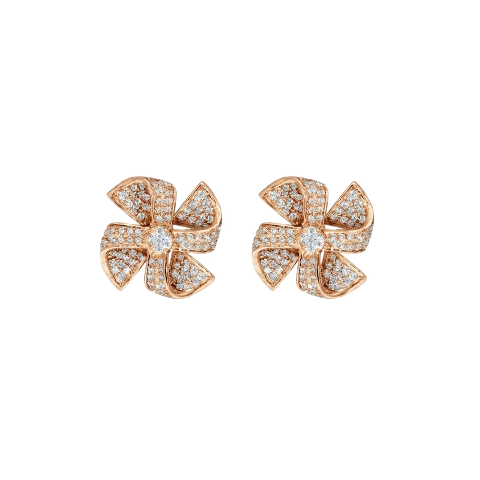 Rose gold earrings with diamond accents on a white background