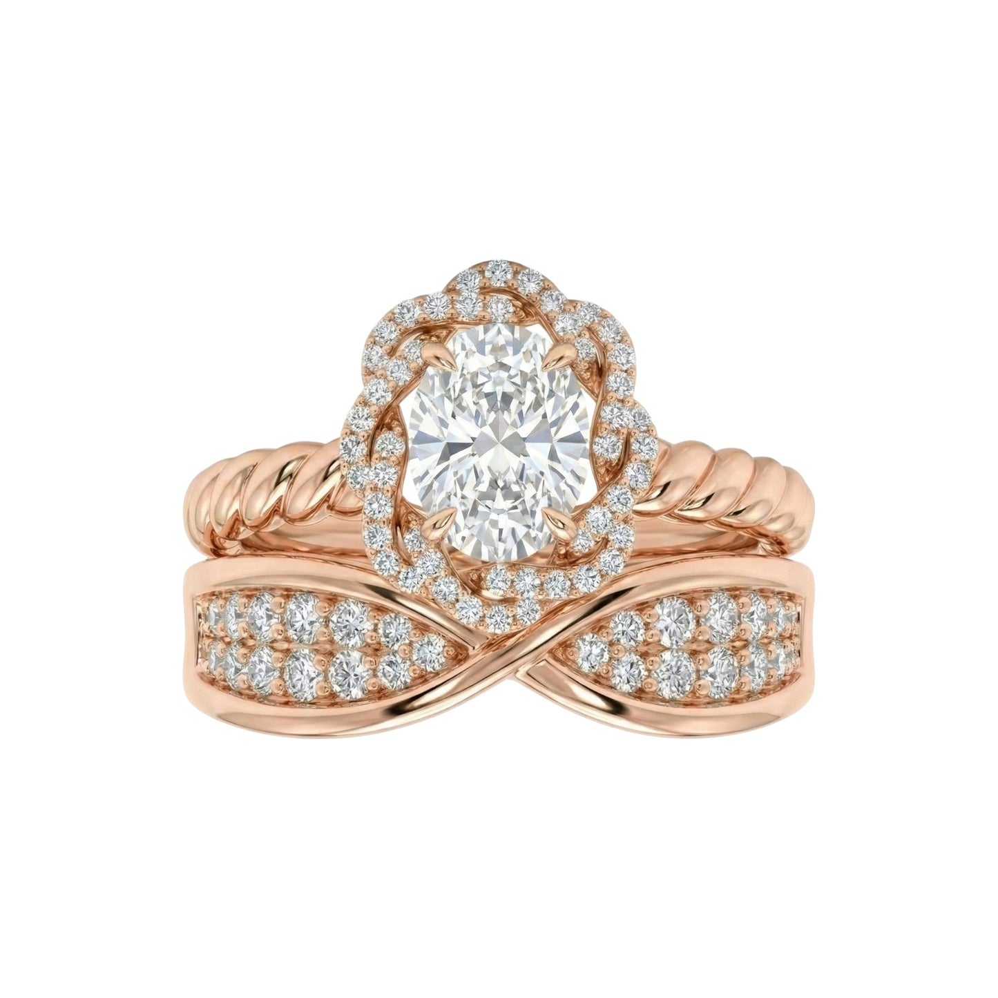 Rose gold ring with diamond accents on a white background