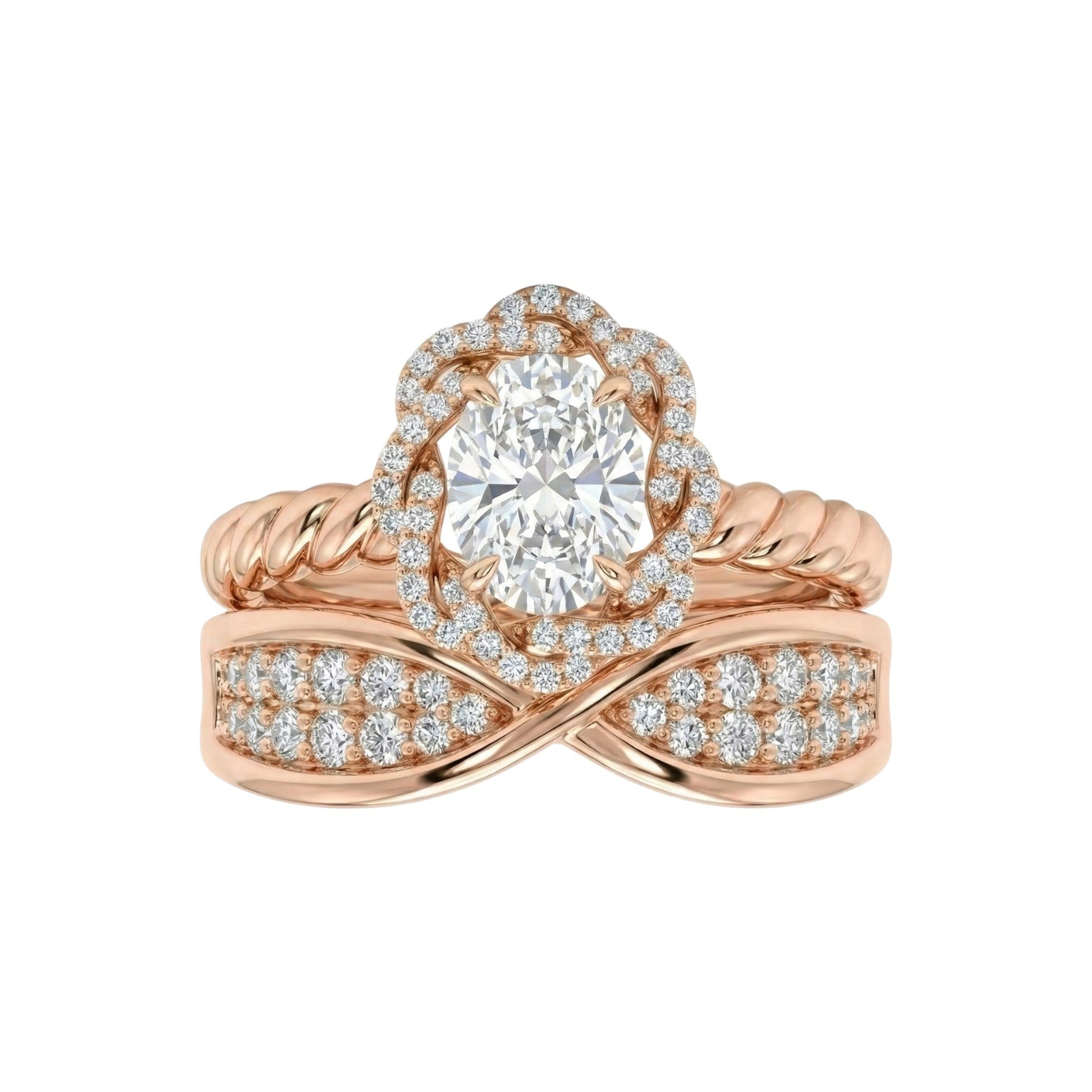Rose gold ring with diamond accents on a white background