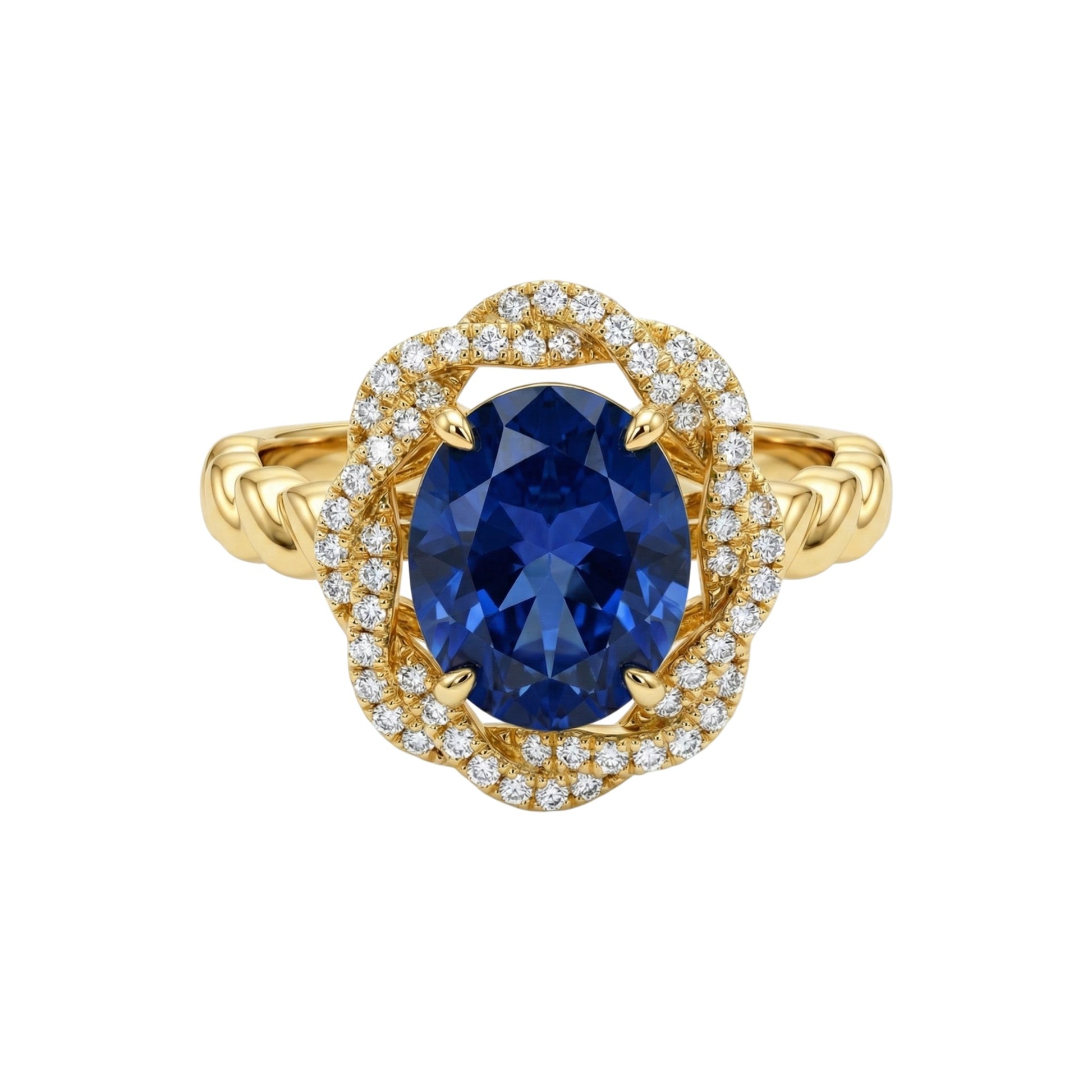 Gold ring with a blue gemstone and diamond accents on a white background