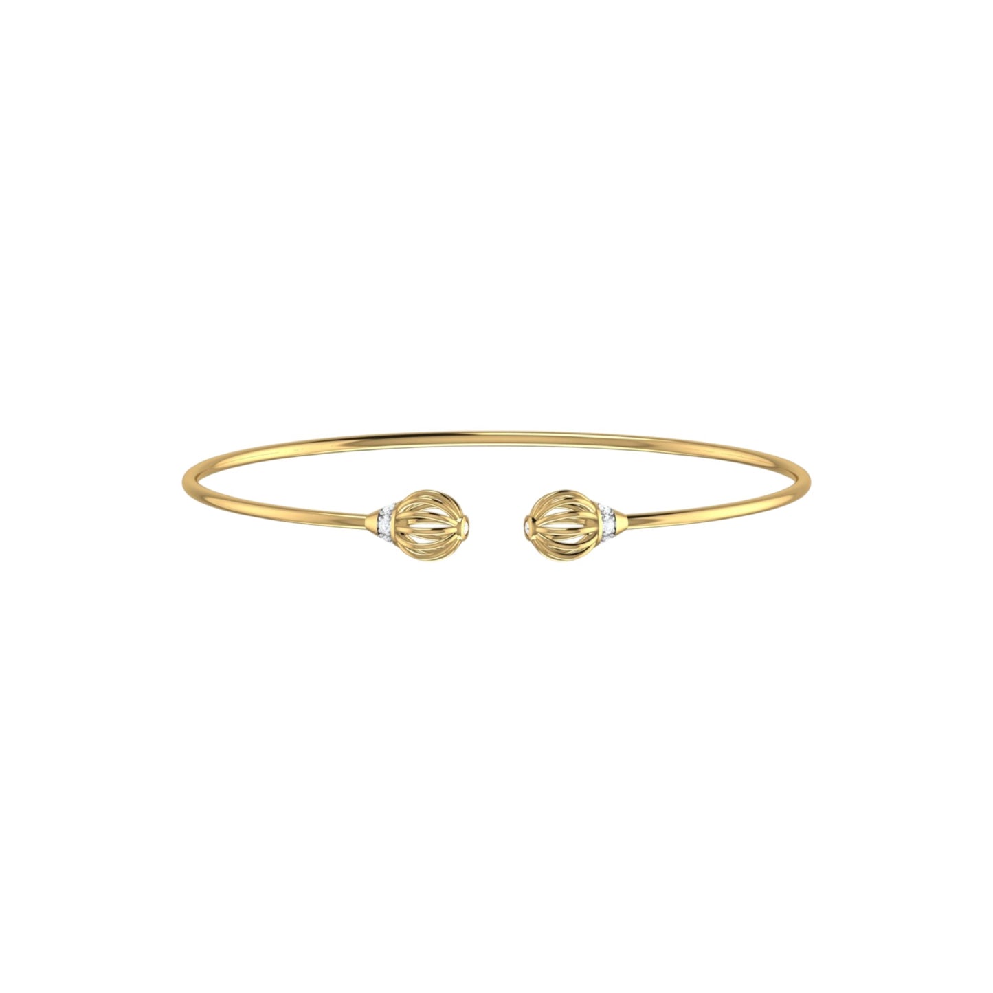 Gold bracelet with two decorative elements on a white background