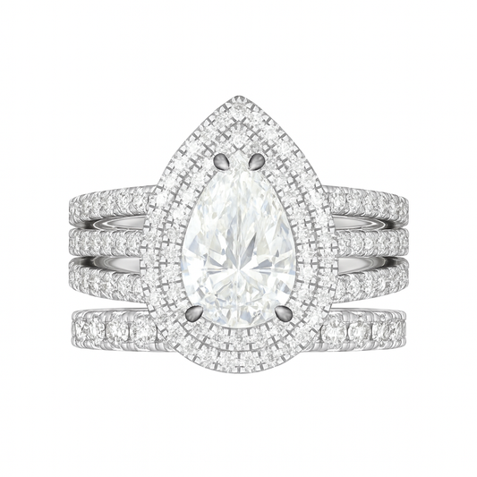 Diamond ring with a pear-shaped center stone on a white background