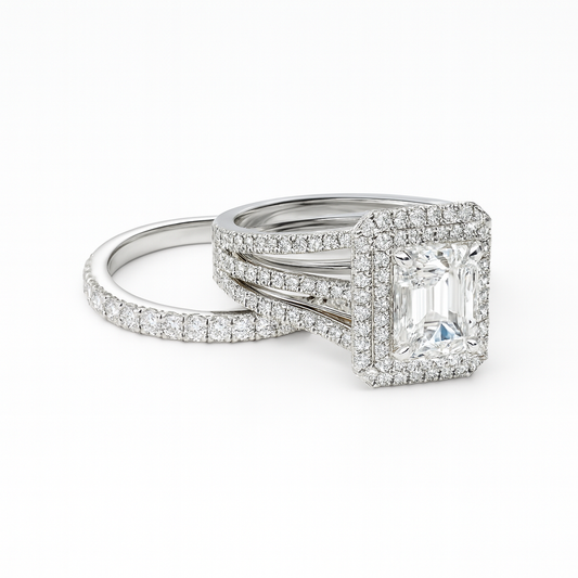 Diamond ring with a square-cut gemstone on a white background