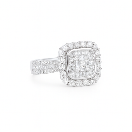 Diamond ring with a square center stone and halo on a white background