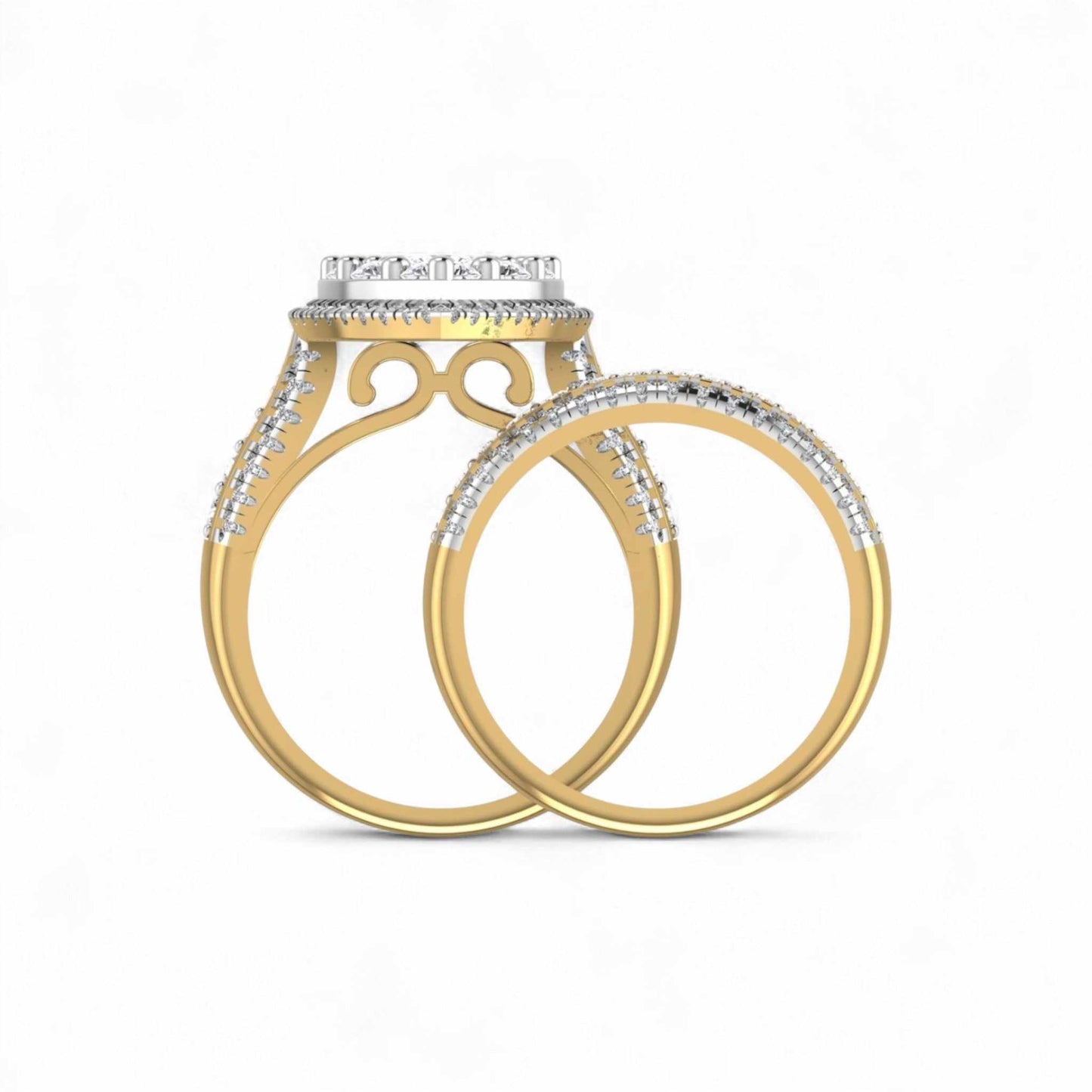 Two gold rings with diamond accents on a white background