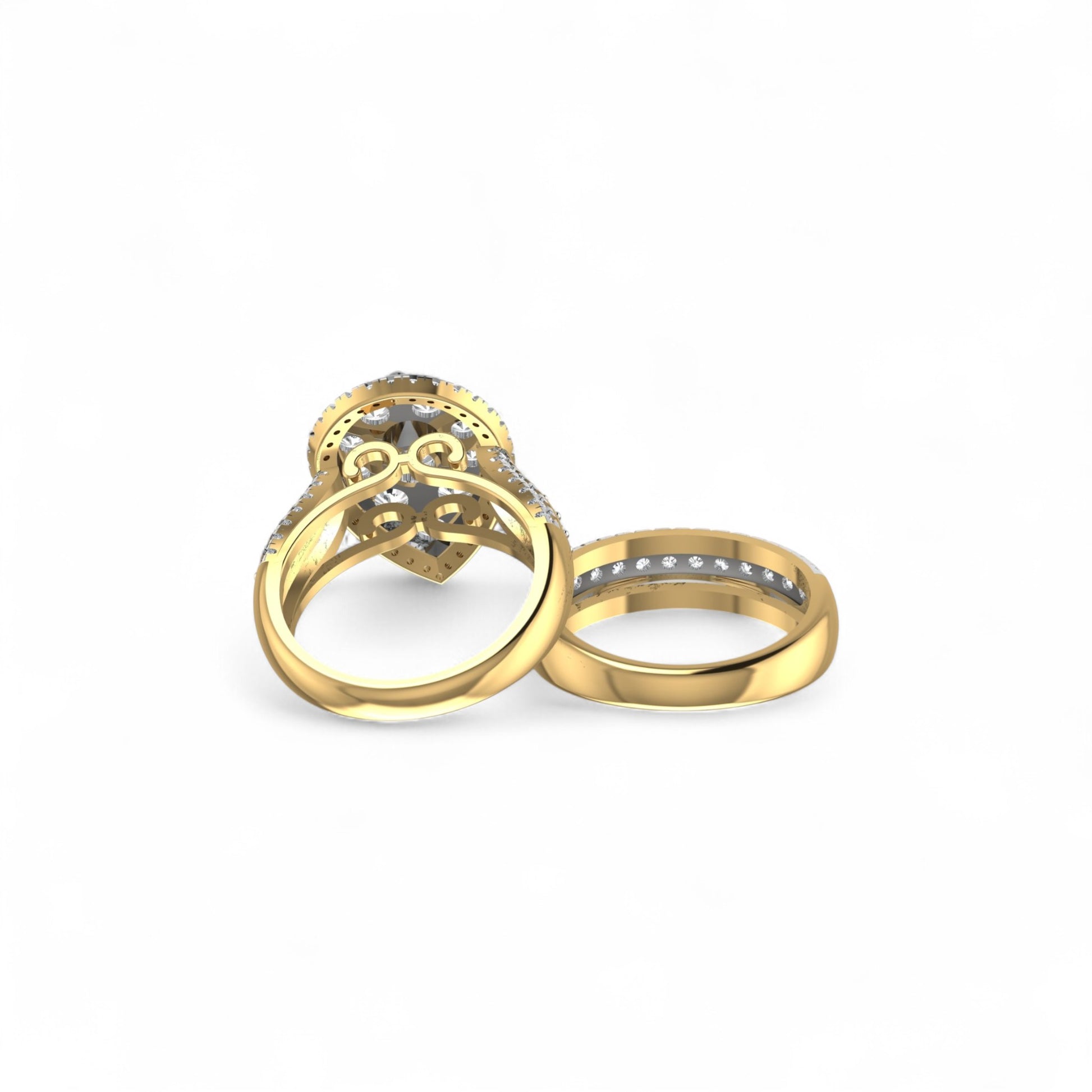 Two gold rings with diamond accents on a white background