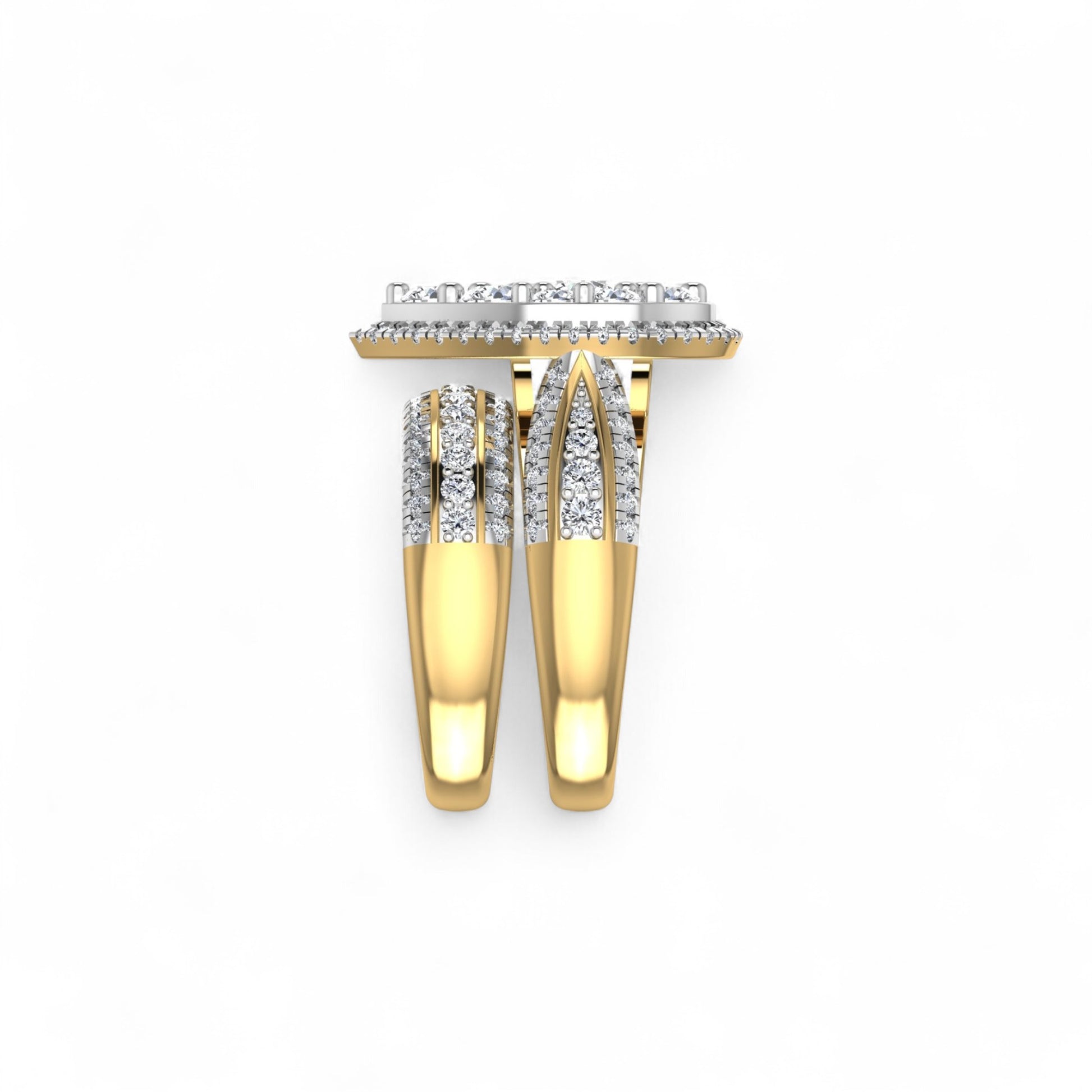 Gold ring with diamond accents on a white background