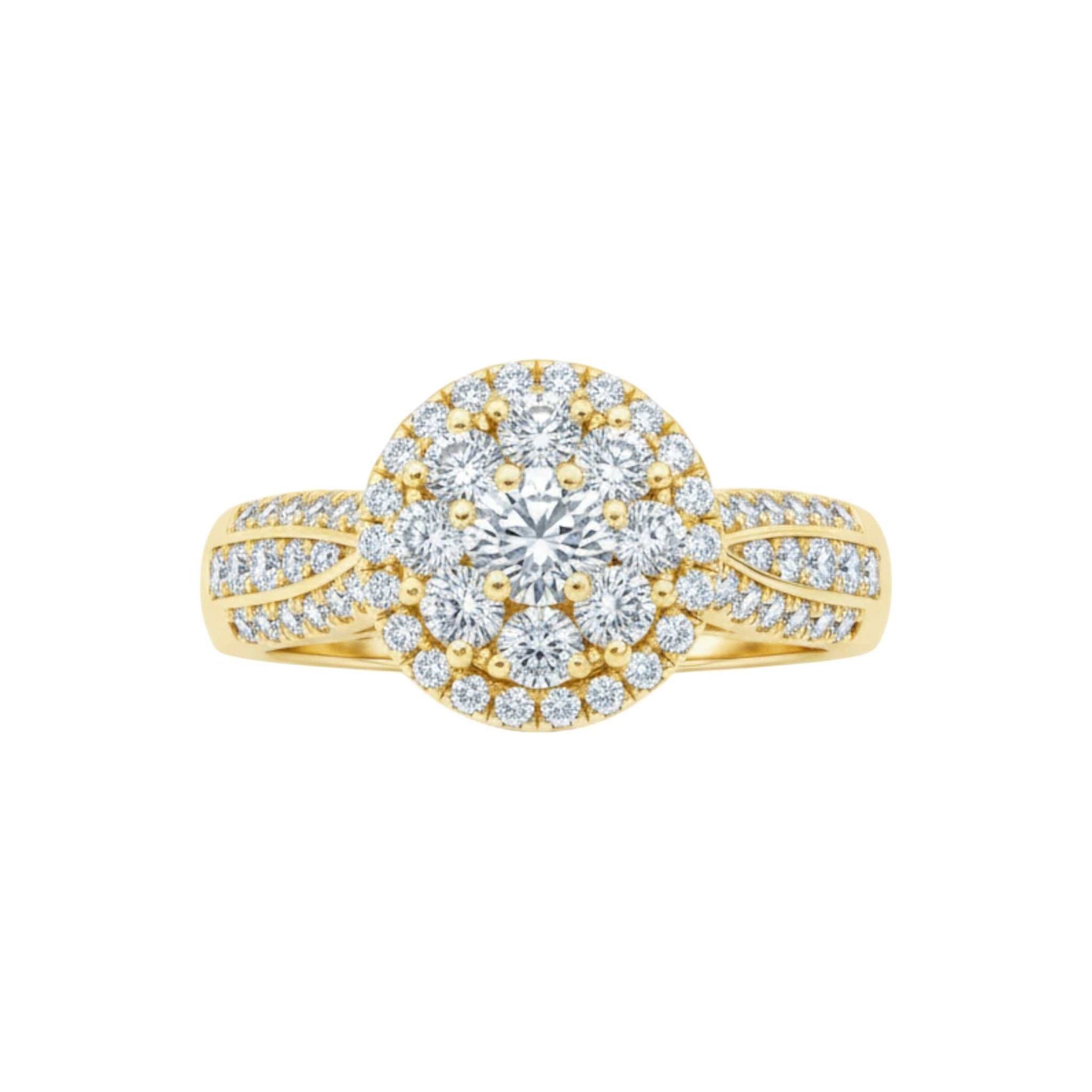 Gold ring with diamond accents on a white background