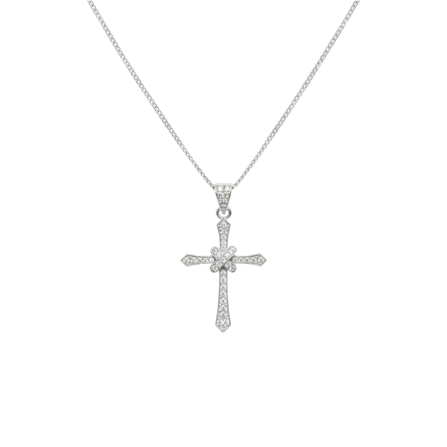 Silver cross pendant necklace on a white background