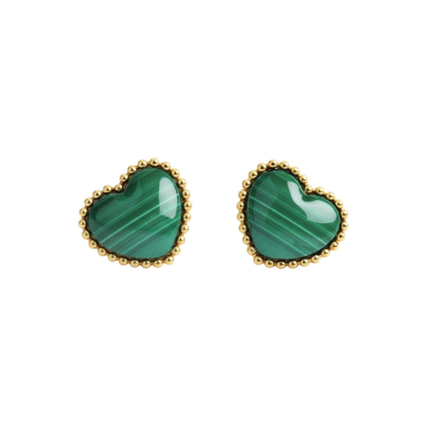 Amor Heart Malachite Studs in 18KT gold with green heart-shaped malachite stones and polished gold frame