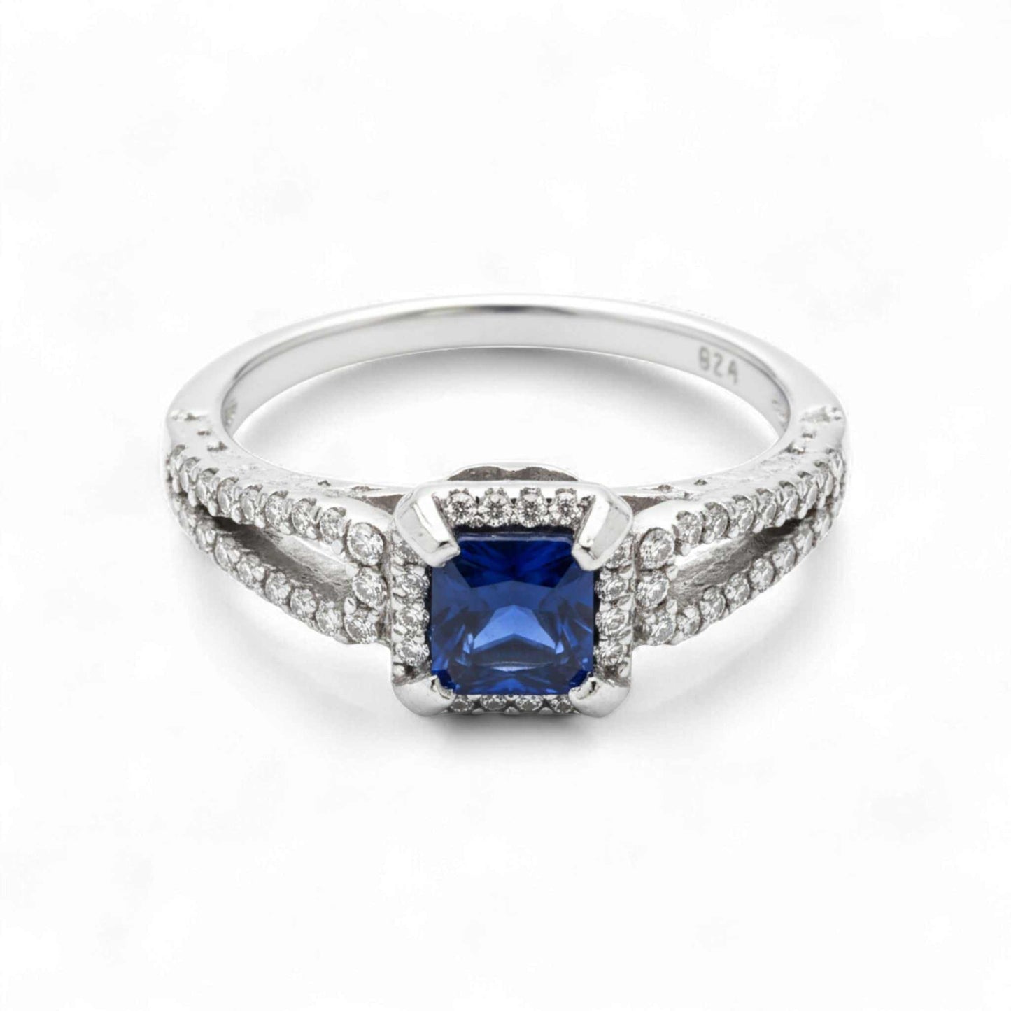 Blue stone cushion cut cubic zirconia engagement ring in 925 sterling silver with diamond accents