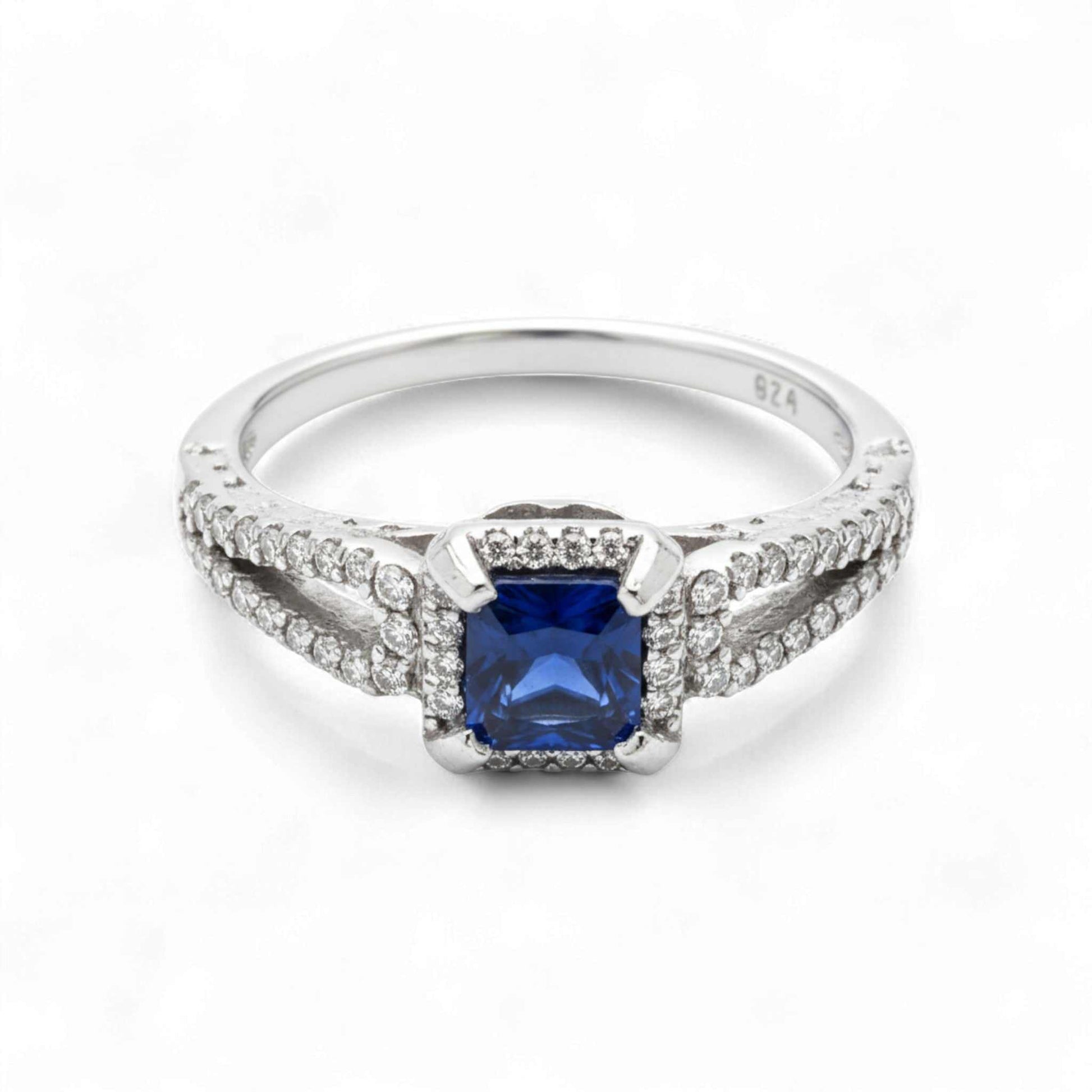 Blue stone cushion cut cubic zirconia engagement ring in 925 sterling silver with diamond accents