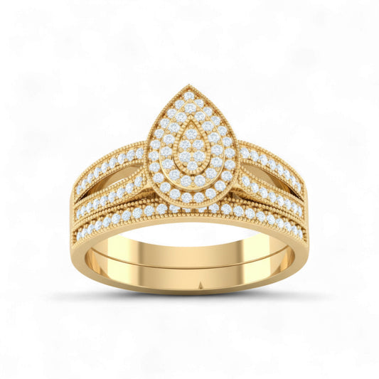 Gold ring with diamond accents on a white background