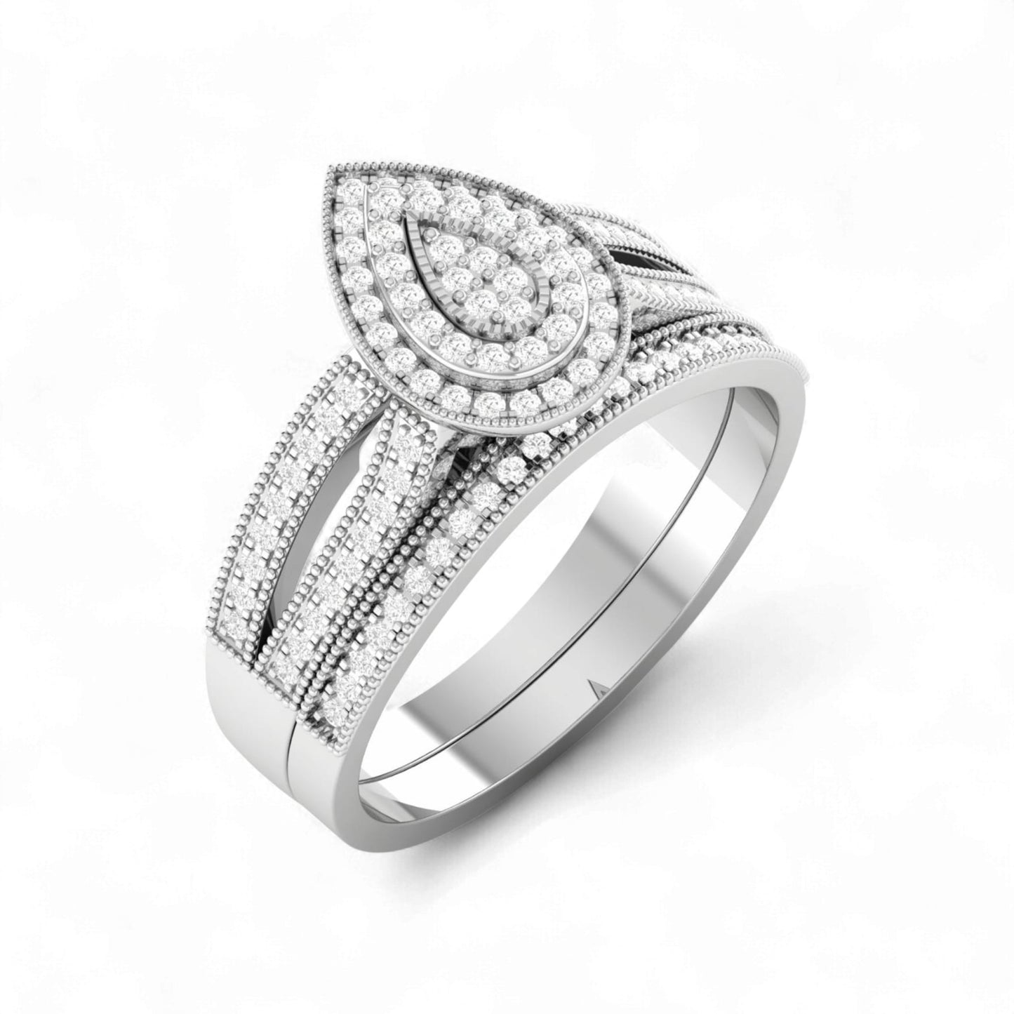 Silver ring with diamond accents on a white background