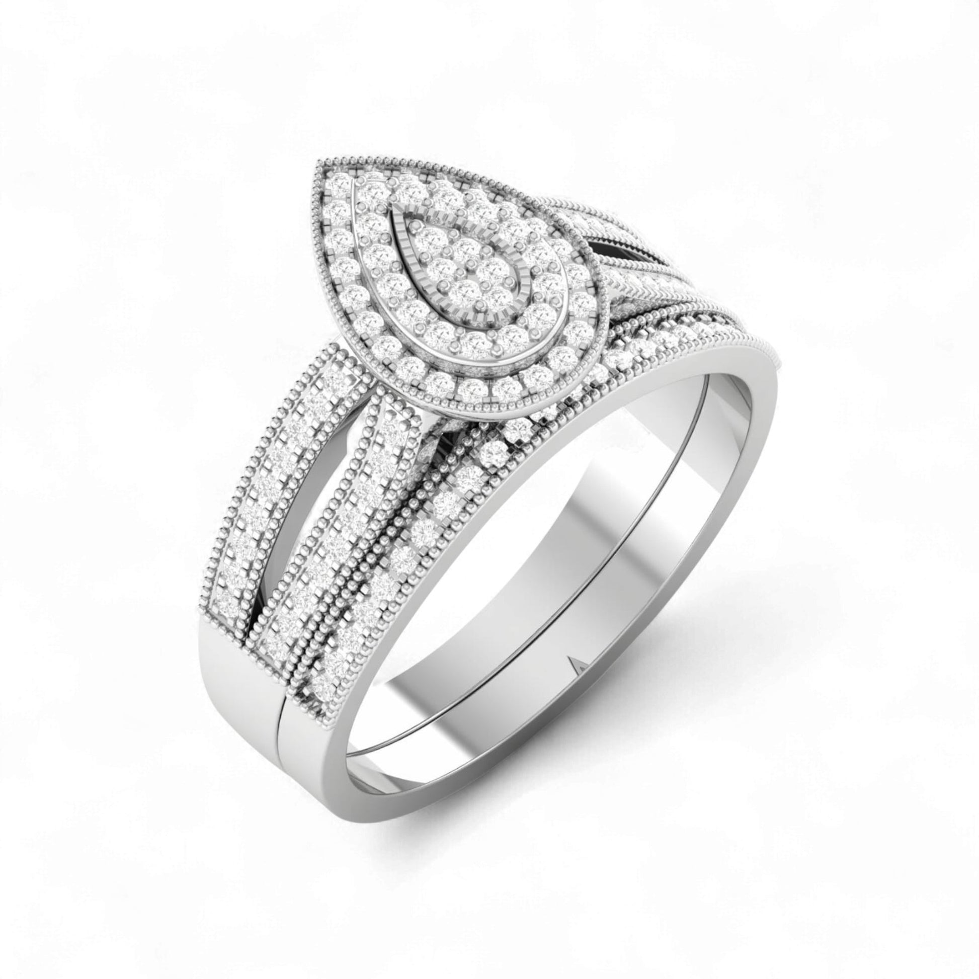 Silver ring with diamond accents on a white background