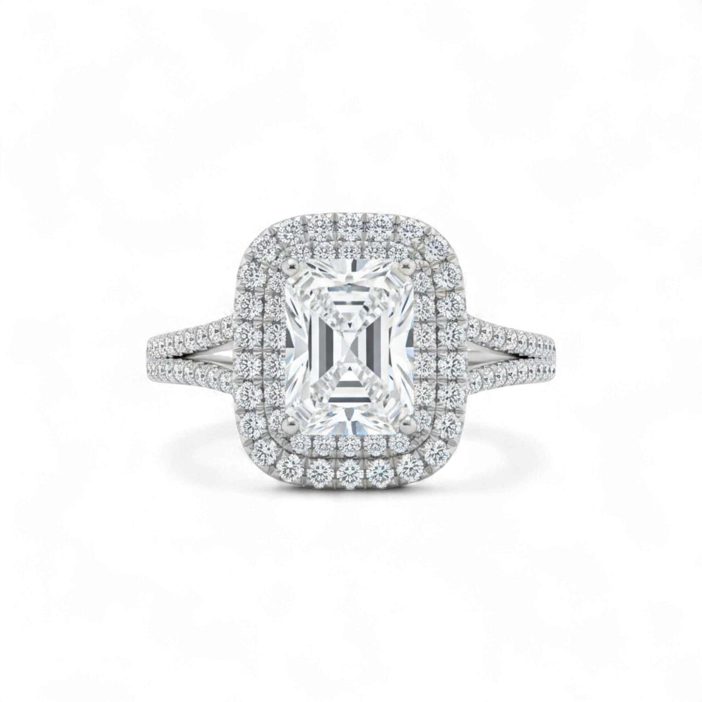 Classic Double Halo CZ Engagement Ring in 925 sterling silver with radiant emerald-cut cubic zirconia center and double halo design