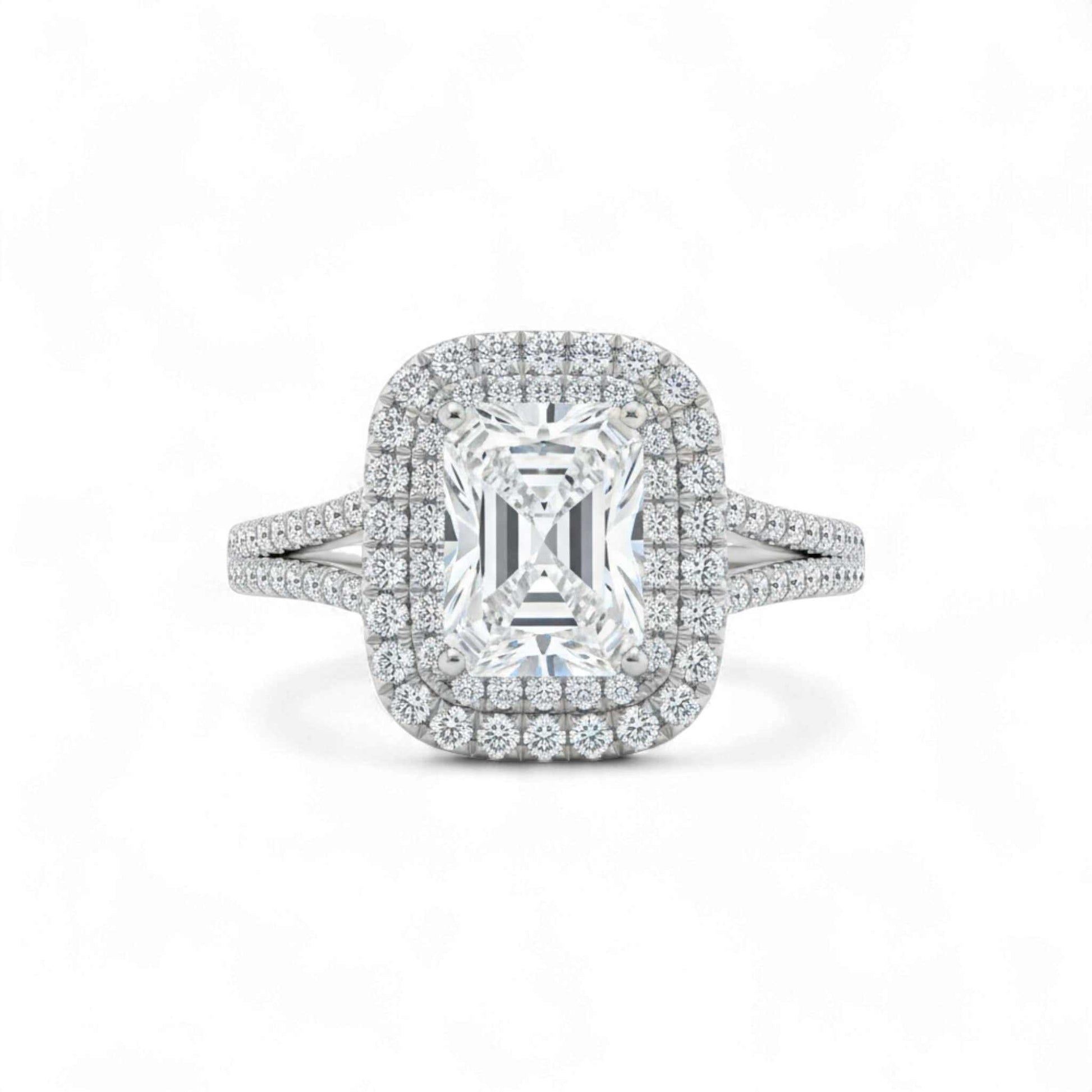 Classic Double Halo CZ Engagement Ring in 925 sterling silver with radiant emerald-cut cubic zirconia center and double halo design