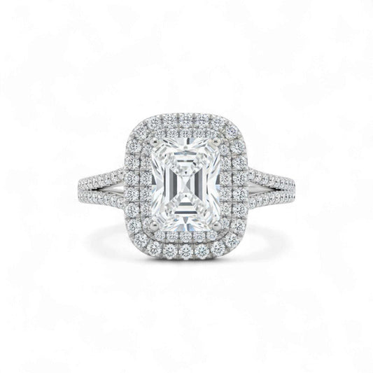 Classic Double Halo CZ Engagement Ring in 925 sterling silver with radiant emerald-cut cubic zirconia center and double halo design