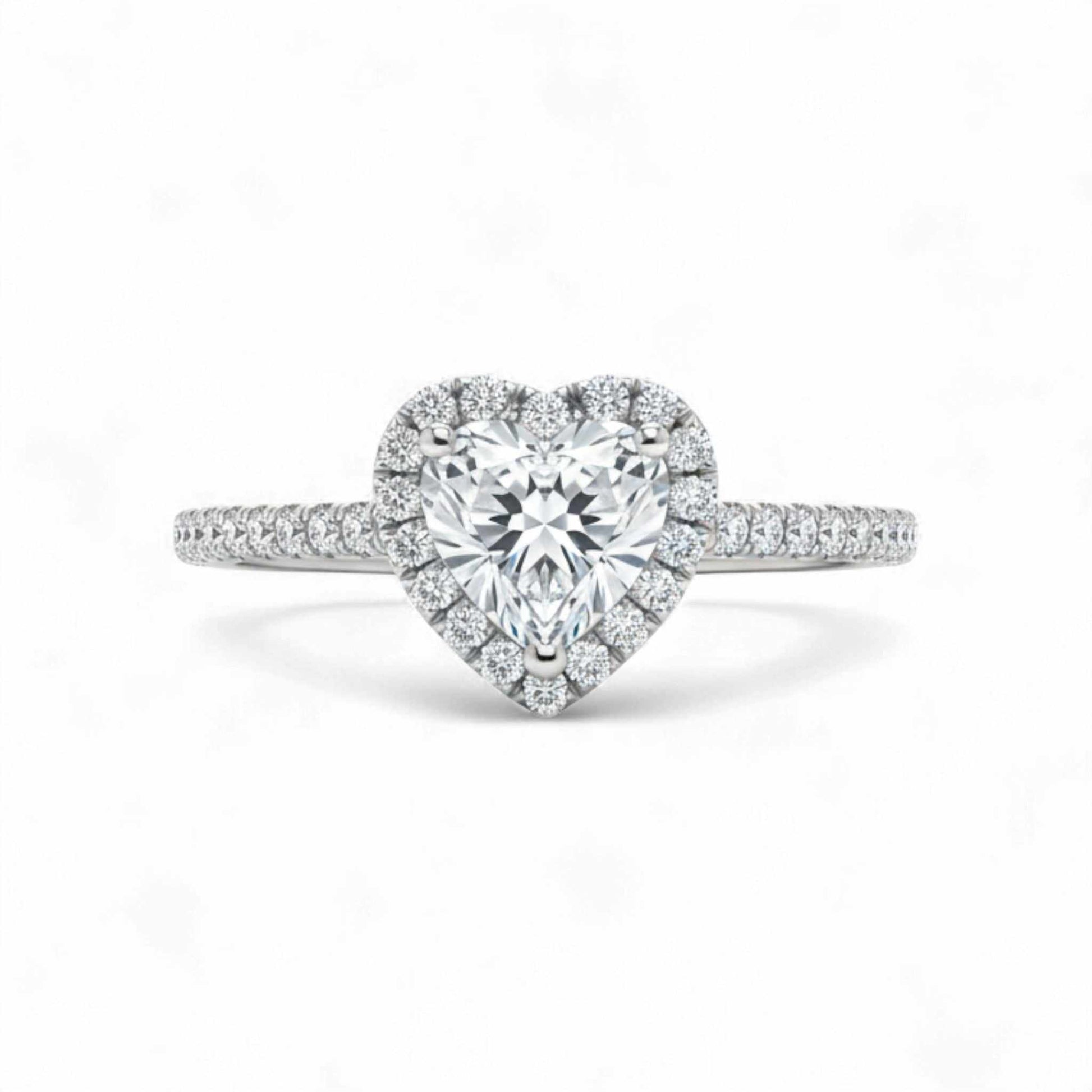 Classic halo heart cut CZ engagement ring in 925 sterling silver with pavé stones and slim band
