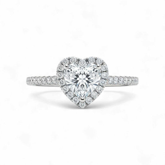 Classic halo heart cut CZ engagement ring in 925 sterling silver with pavé stones and slim band